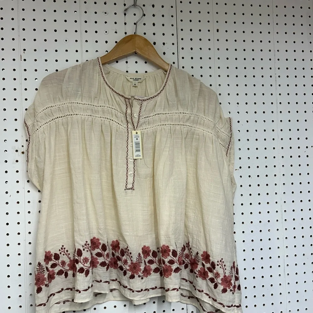 Max Studio Cream Blouse with Red Floral Embroidery - Picture 2 of 6
